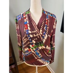 MM Lafleur Wrap Blouse XS Purple Colorful Print Power Dressing Statement‎